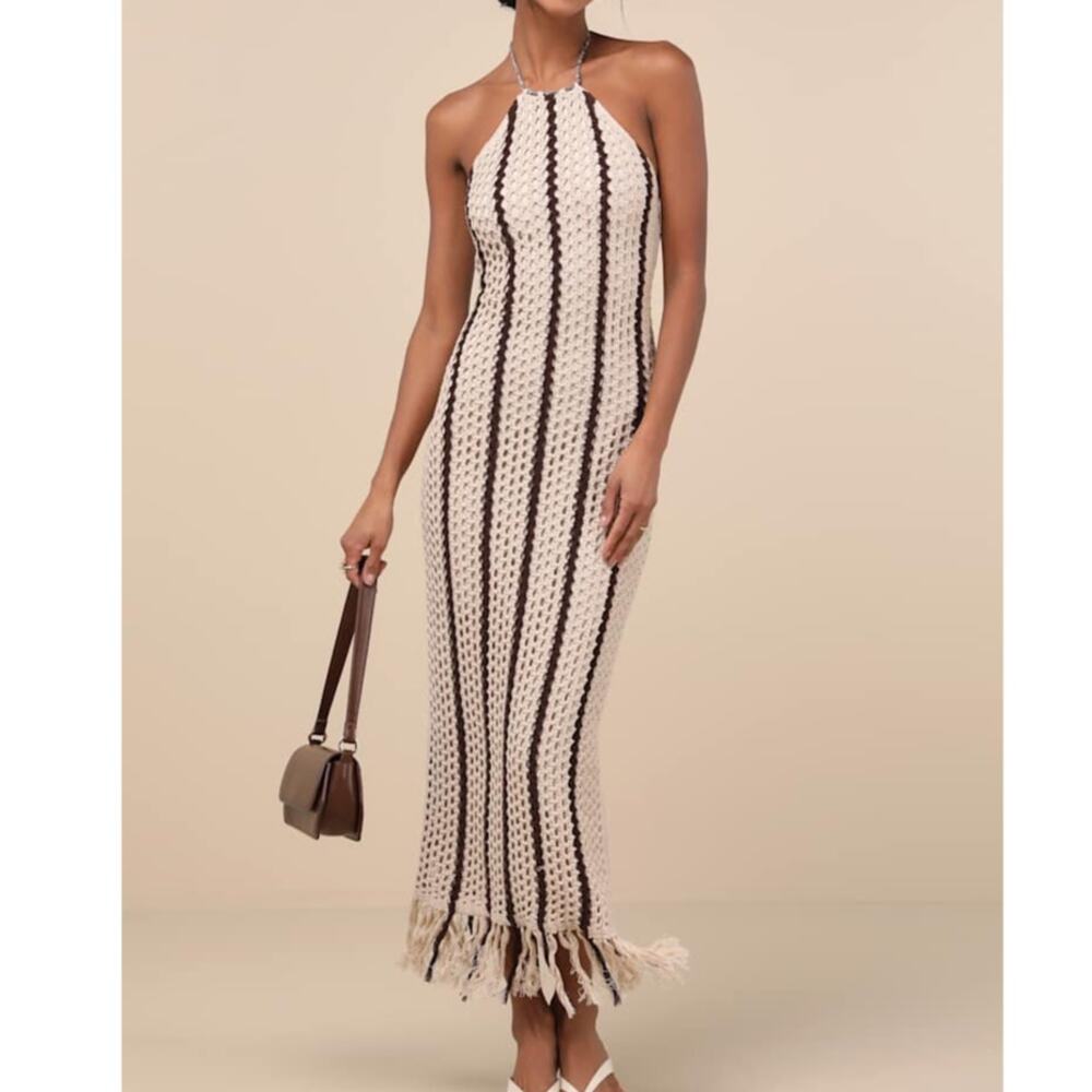 NEW Lulus Hedia Beige Striped Crochet Knit Halter Fringe Midi Dress Large
